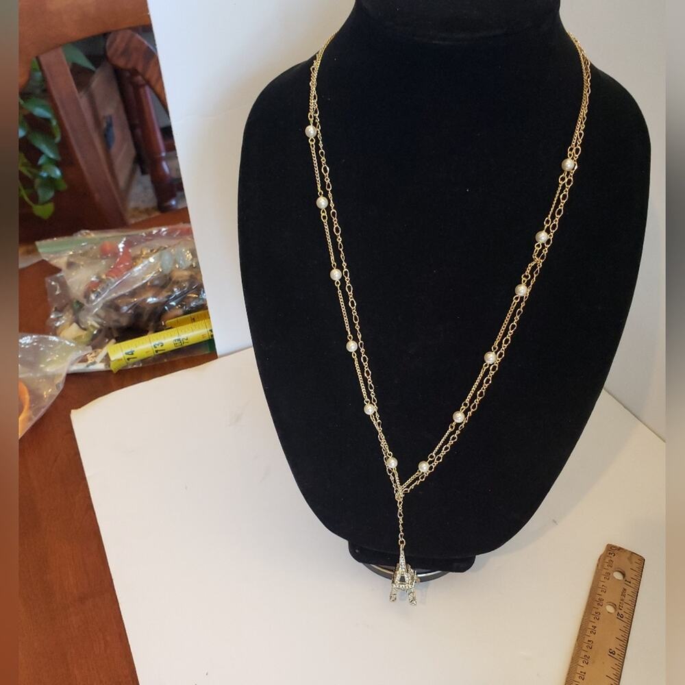 CN Gold Tone Multi Strand Eiffel‎ Tower Rhinestone Pearl Layered Y Necklace